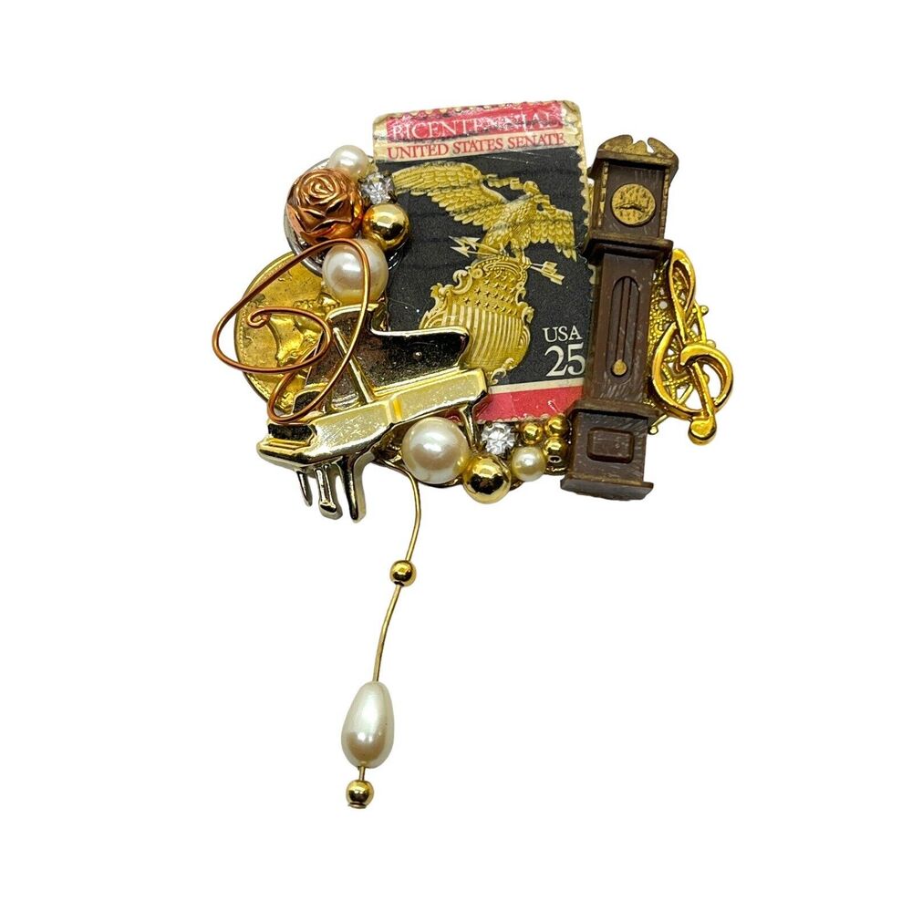 Maximal Art Brooch Pin One Of A Kind 80s Gold Tone Piano Clock Stamp Treble Clef